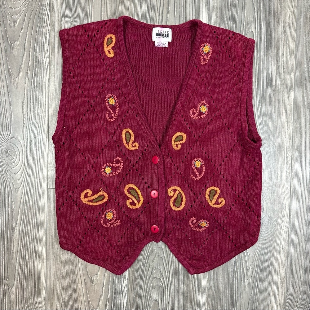 Vintage‎ Leslie Fay Maroon Paisley Knit Sweater Vest Boho Cottagecore Size S